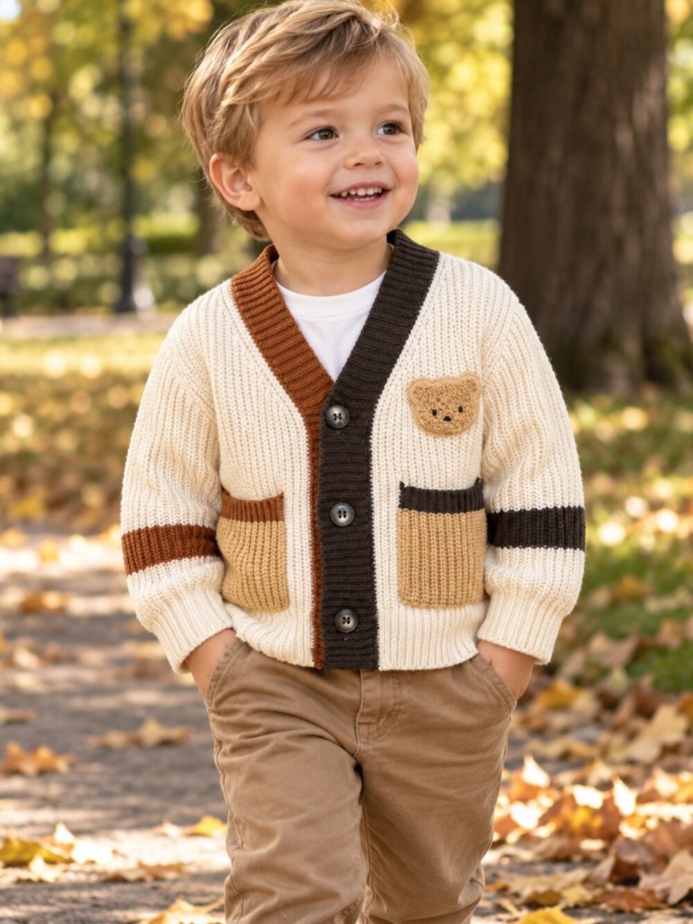 Boys Cream Teddy Bear Knit Cardigan Brown Colorblock Pockets